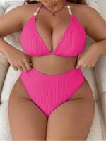 【Plus Size】solid Color Textured Bikini Set, Casual Fashion Chic Swimsuit for Beach Holiday Vacation, Women's Swimwear for...