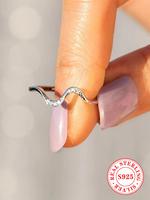 925 Sterling Silver Simple Wave Design Cuff Ring, Fashion Rhinestones Decor Rings for Women & Girls, Trendy All-match Jewelry...