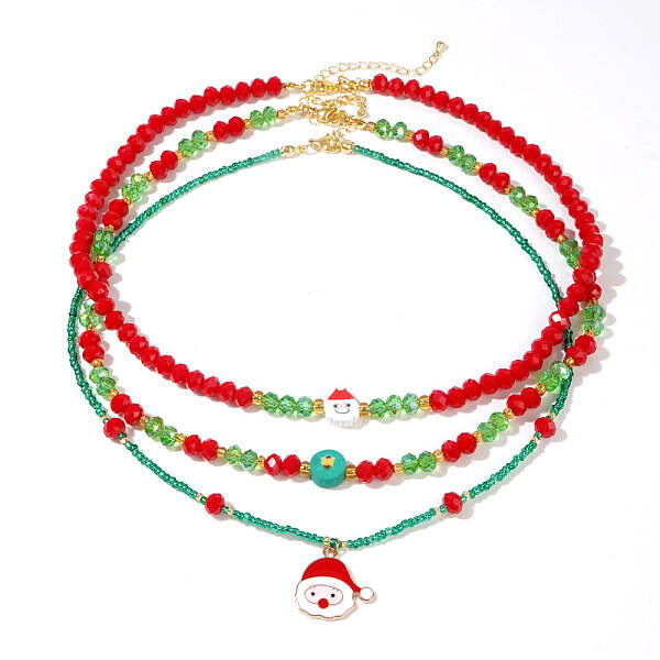 3Pcs 3 Styles Christmas Glass Seed Beaded Necklaces