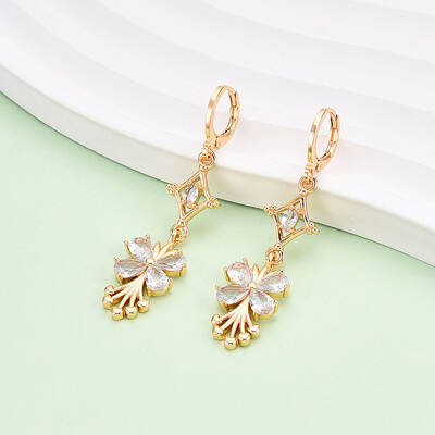 Flower Brass Micro Pave Cubic Zirconia Dangle Leverback Earrings