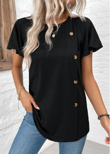 Modlily Black Button Short Sleeve Round Neck T Shirt - XL