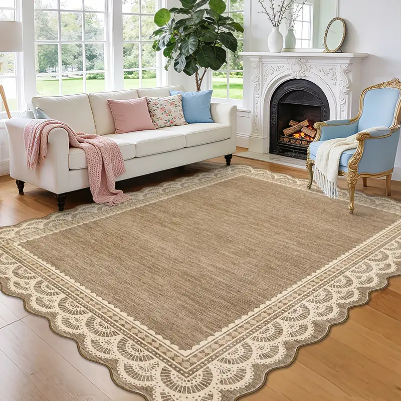 Garvee 9x12 Scalloped Brown Rug, Washable Soft Rugs for Living Room Non Slip Low Pile Rug, Stain Resistant Indoor Floor Cover...