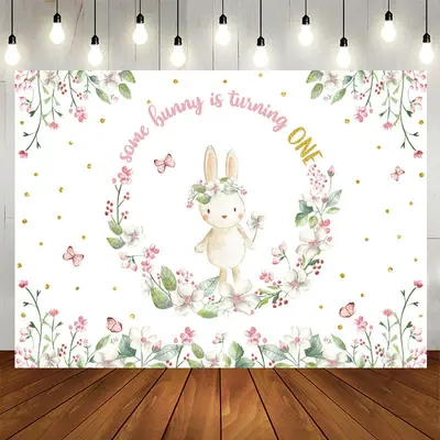 Bunny Circle Flowers White 1st Birthday Backdrop - Aperturee