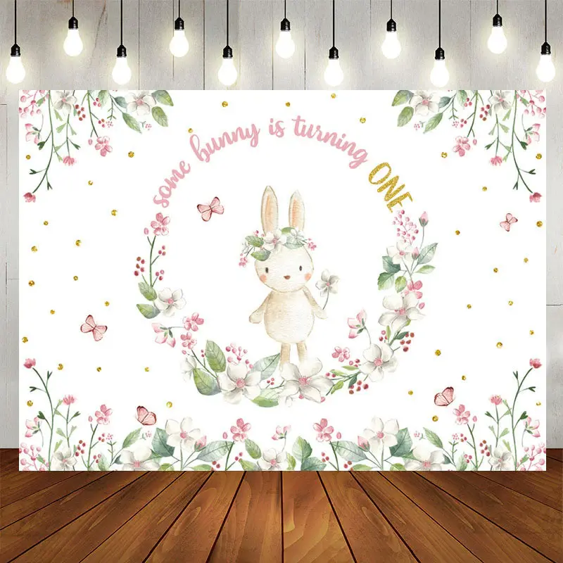 Bunny Circle Flowers White 1st Birthday Backdrop - Aperturee
