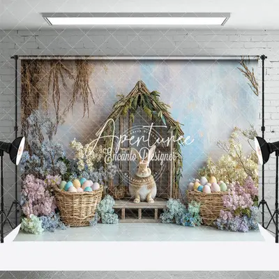 Aperturee Wood Rabbit Hutch Rainbow Wall Floral Easter Backdrop, 3X2FT(1MX0.6M), 14 USD, easter backdrops, ENHD3J21-M