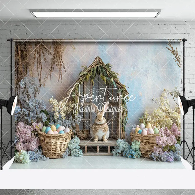Aperturee Wood Rabbit Hutch Rainbow Wall Floral Easter Backdrop, 3X2FT(1MX0.6M), 14 USD, easter backdrops, ENHD3J21-M