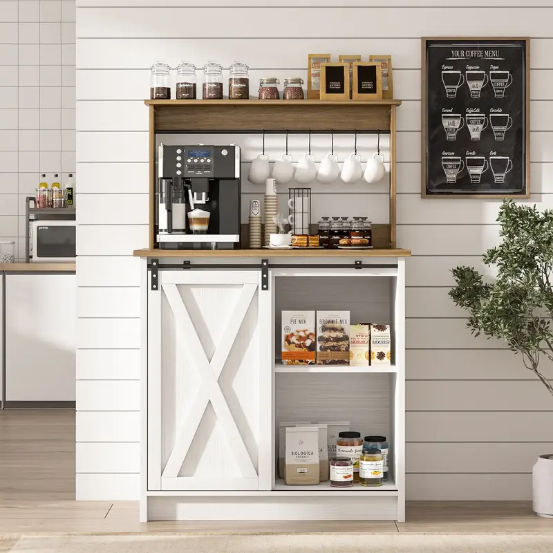 HOMBCK Farmhouse Coffee Bar Cabinet, Sideboard Buffet Cabinet with Storage and Shelf