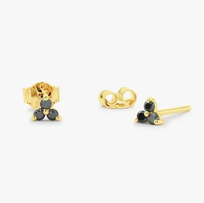 14K Gold Tiny Black Diamond Trio Stud Earrings
