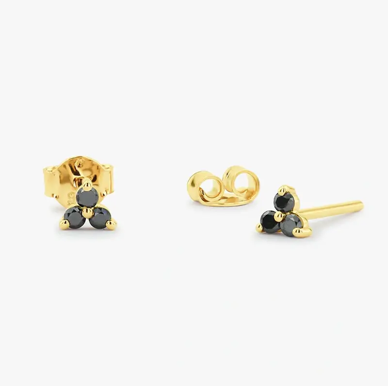14K Gold Tiny Black Diamond Trio Stud Earrings