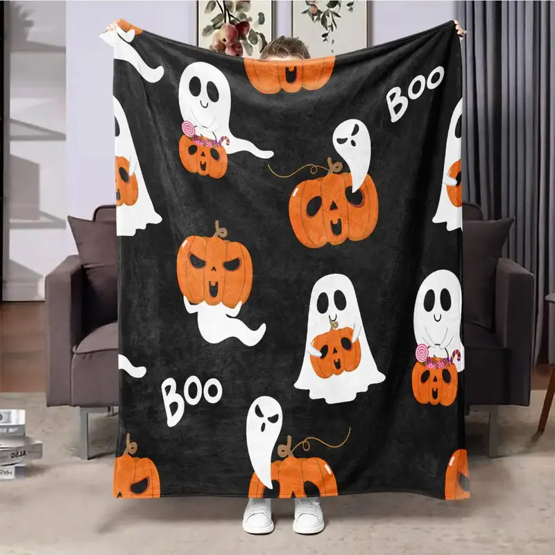 Halloween Themed Pumpkin Ghost Pattern Blanket, Soft Comfortable Throw Blanket, Cool Bedroom Bedding Blankets, Warm Nap Blank...