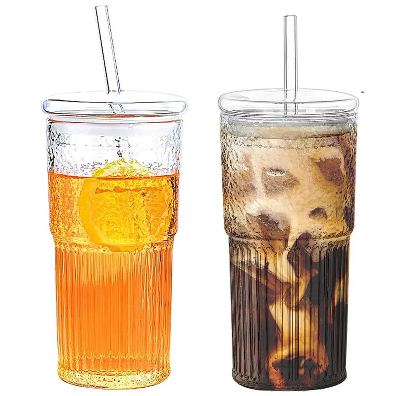 2 Packs 20oz Glass Cups Set with Lids and Glass, Coffee Cups Juice Drinkware Gift for Family
