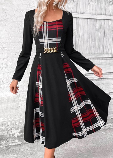 Modlily Black Patchwork Plaid Belted Long Sleeve Square Neck Dress - XXL