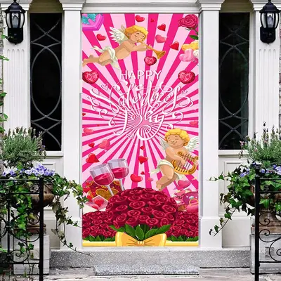 Pink Stripe Red Rose Angel Valentines Day Door Cover - Aperturee