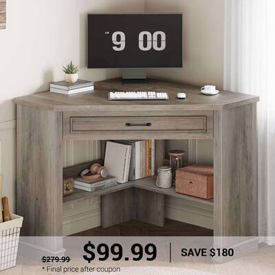 SEDETA 31.5 Inch Corner Desk Farmhouse Computer Desk with Storage Drawer Shelves for Small Space Brown and Black Home Office ...