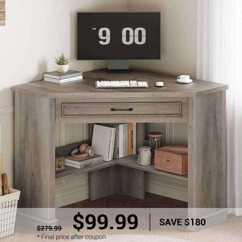 SEDETA 31.5 Inch Corner Desk Farmhouse Computer Desk with Storage Drawer Shelves for Small Space Brown and Black Home Office ...