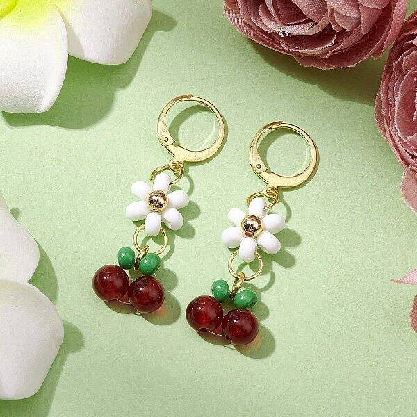 Natural Carnelian Beads & Glass Seed Dangle Hoop Earrings