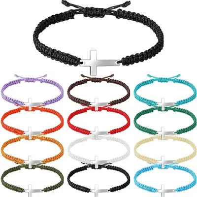 Mens/Women Hand Braided Stainless Steel Cross Patchwork Bracelet Anti-Allergy Acrylic Fibers Rope Bracelet Sports Wristbands