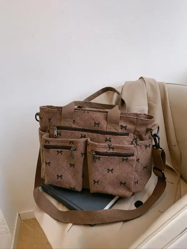 Women's Bow Pattern Tote Bag, Fashionable Multi-pocket Shoulder Bag for Daily Used, Casual Trendy Versatile High-quality Dail...