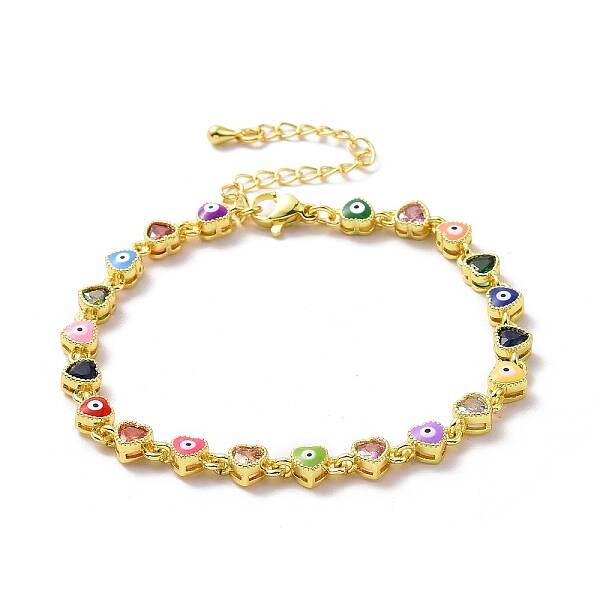 Enamel Evil Eye & Cubic Zirconia Heart Link Chain Bracelet
