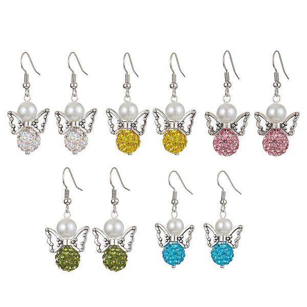 5 Pairs 5 Color Polymer Clay Rhinestone & Glass Pearl Beaded Dangle Earrings