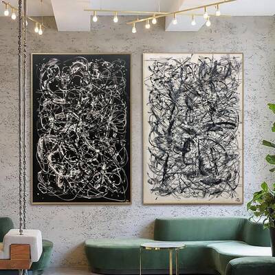 Pollock Style Painting on Canvas Black and White Wall Art Personalized Artwork Diptych Painting Heavy Textured Art Wall Decor...
