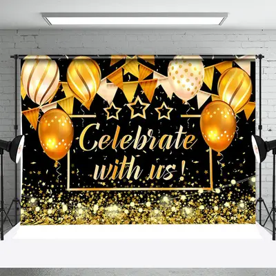 Celebrate Golden Glitter Balloon graduation Backdrop - Aperturee