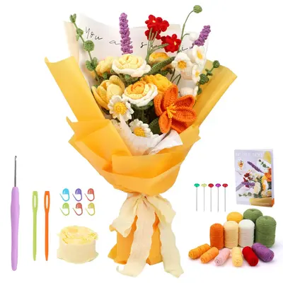 Crochet Kit for Beginners, 1 Count Rose Flowers Bouquet Crochet Starter Kit, Knitting Starter Kit with Crochet Yarn and Step-...