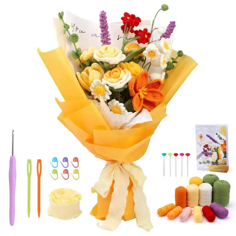 Crochet Kit for Beginners, 1 Count Rose Flowers Bouquet Crochet Starter Kit, Knitting Starter Kit with Crochet Yarn and Step-...