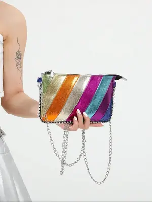 Women's Colorblock Beaded Chain Decor Crossbody Bag, Fashionable Envelope Bag for Daily Used, Casual Trendy Versatile High-qu...