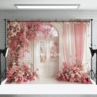 White Retro Arch Door Pink Floral Wedding Backdrop