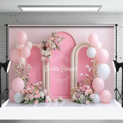 Pink White Balloons Arch Floral Cake Smash Backdrop - Aperturee