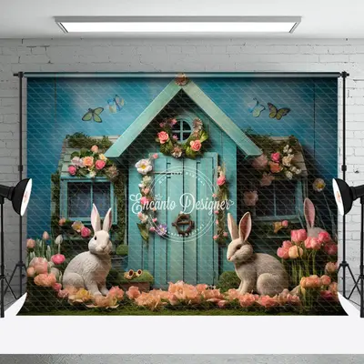 Colorful Tulip Rerto Turquoise Bunny Photo Backdrop - Aperturee