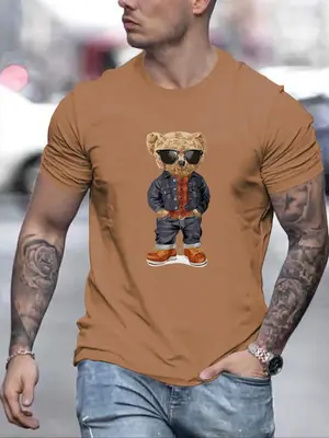 Men's Cartoon Bear Print Round Neck Tee, Regular Fit Crew Neck Short Sleeve T-shirt for Summer, Men's Top for Casual Wear
