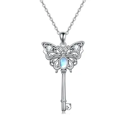 Sterling Silver Cubic Zirconia Moonstone Butterfly Key Pendant Necklace For Women