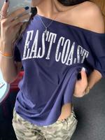 Women's Letter Print Asymmetrical Neck Tee, Casual Fashion T-shirt for Daily Wear, Ladies Clothes for All Seasons