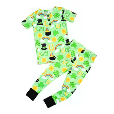 Fallon Two Piece Bamboo St Patrick Day Outfit Toddler Kids Green Rainbown Gold Coins
