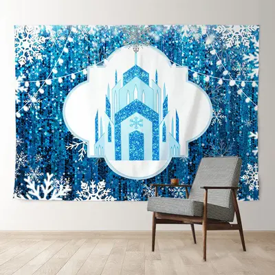 Aperturee Cartoon Ice Castle Glitter Blue Winter Backdrop