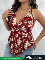 【Plus Size】Vintage Floral Print Ruched Tie Back Halter Neck Cami Top, Boho Elegant Backless Halter Top for Daily Holiday ...