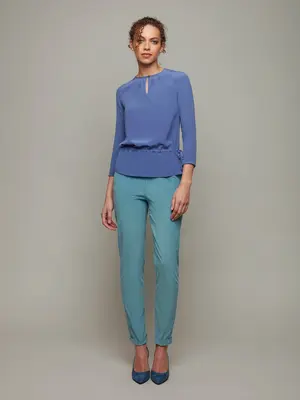 WISP | Pleated-Neck Silk Blouse | Colour: STORM BLUE | Size: L
