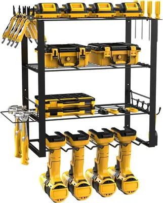 Power Tool Organizer 4 Tier Heavy Duty Garage Tool Organizer Large Compartment Capacity Metal Tool Rack Wall Mounted Utility ...