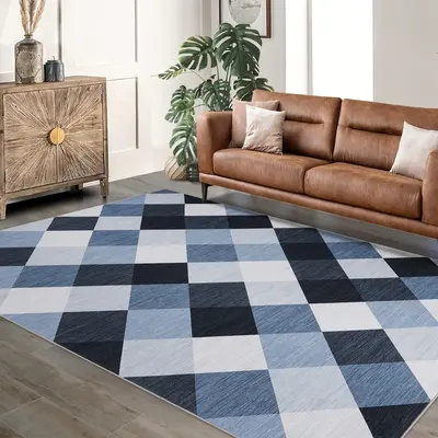 Garvee Non-Slip Washable Checkered Runner Rug - Navy and White Plaid Carpet - Modern Geometric Area Rug for Hallway, Entryway...