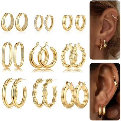Turandoss 9 Pairs Gold Hoop Earrings for Women, Hypoallergenic Thick Lightweight Earring, 925 Sterling Silver Post 14K Real G...