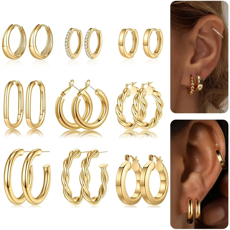 Turandoss 9 Pairs Gold Hoop Earrings for Women, Hypoallergenic Thick Lightweight Earring, 925 Sterling Silver Post 14K Real G...