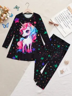 Autumn Girls' Fashion Unicorn Long Sleeve Tight Pants Set, Perfect for Outdoor Activities & Travel, Stylish Kids Fall Outfit