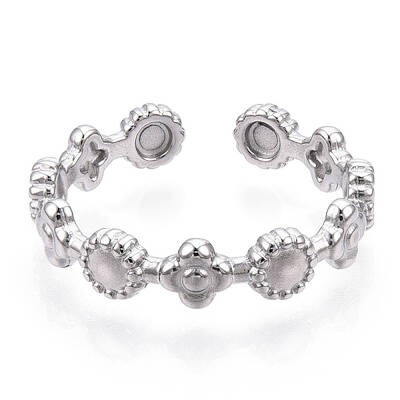 Non-Tarnish 304 Stainless Steel Flower & Flat Round Wrap Open Cuff Ring