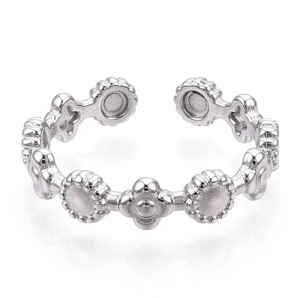 Non-Tarnish 304 Stainless Steel Flower & Flat Round Wrap Open Cuff Ring