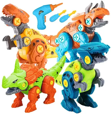 Electric Drill Dinosaur Toys - 4-Pack Take Apart Construction Set for Imaginative Play