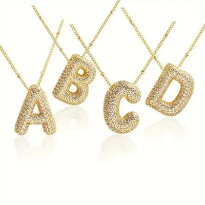 Bubble Letter Necklace with CZ - Trendy Initial Necklace, Necklace for Women Men