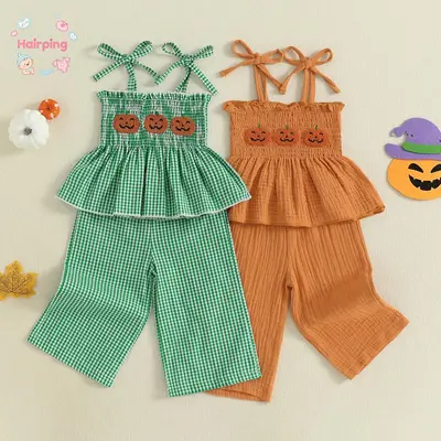 Toddler Girl Halloween Outfit, Pumpkin Embroidery Smocked Tie-up Spaghetti Strap Tops Solid Wide Leg Pants Set, Casual Baby...
