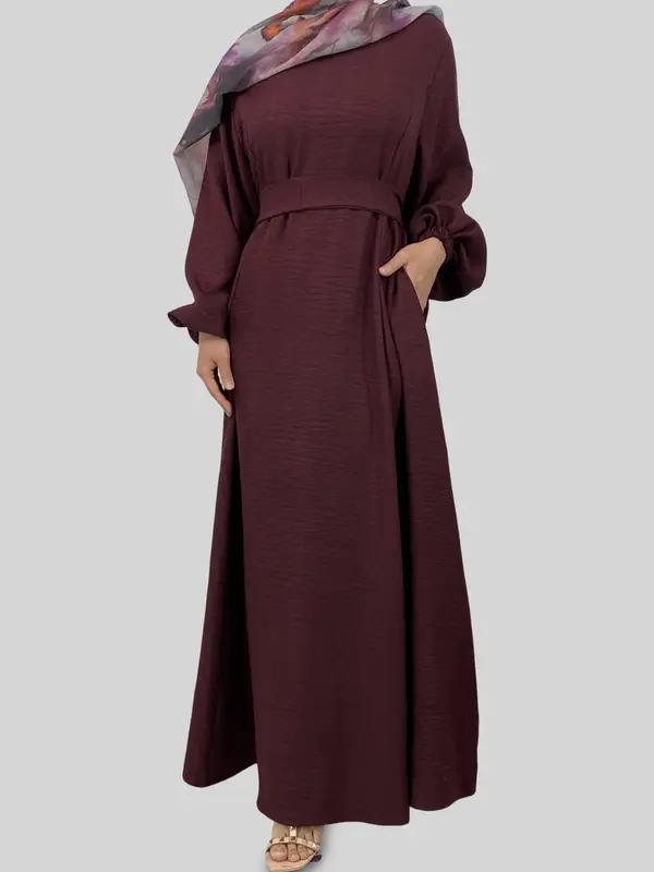 Women's Solid Color Tie Waist Abaya Dress, Modest Long Sleeve Round Neck Dress for Daily Wear, Modesty Ladies Islamic Clothi...